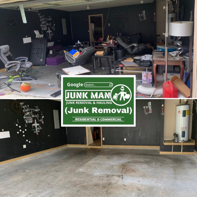 Junk man junk removal and hauling cleaning out garage with furniture inside in Kennesaw for the most affordable rates