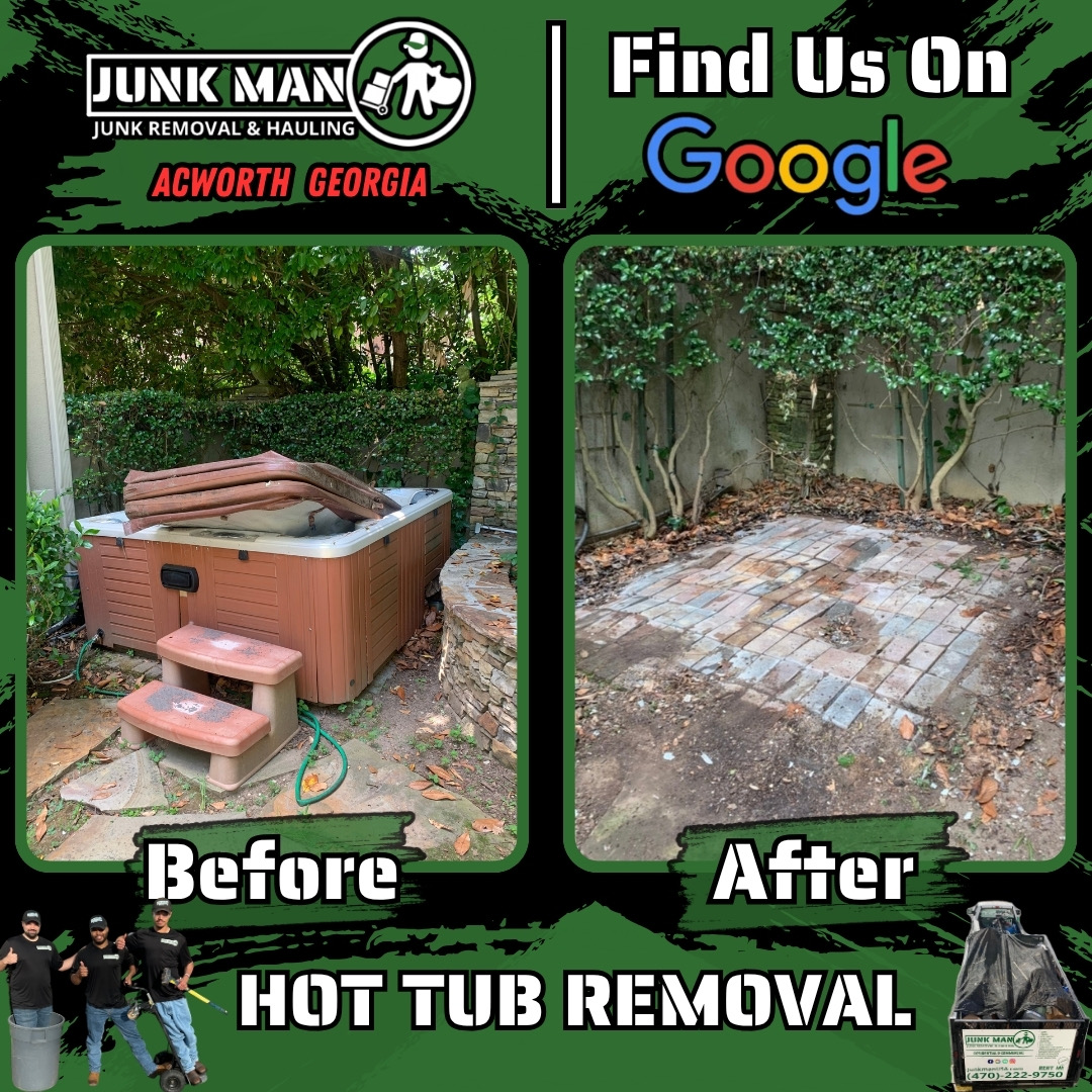 Junk man junk removal and hauling providing hot tub removal demolition junk hauling and backyard clean out services in Acworth GA with before and after results