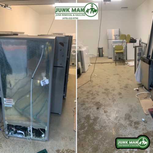 Refrigerator removal in Kennesaw GA before and after image highlighting garage appliance pickup and junk removal service.