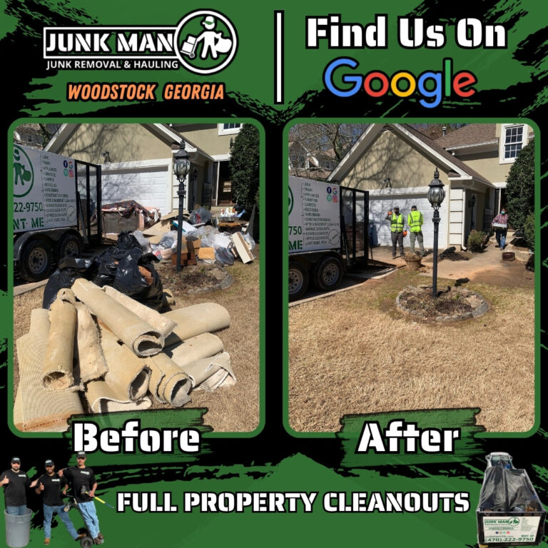 Woodstock GA full property cleanouts by Junkman junk removal and hauling removing carpet household junk debris trash and unwanted items from residential properties and commercial properties