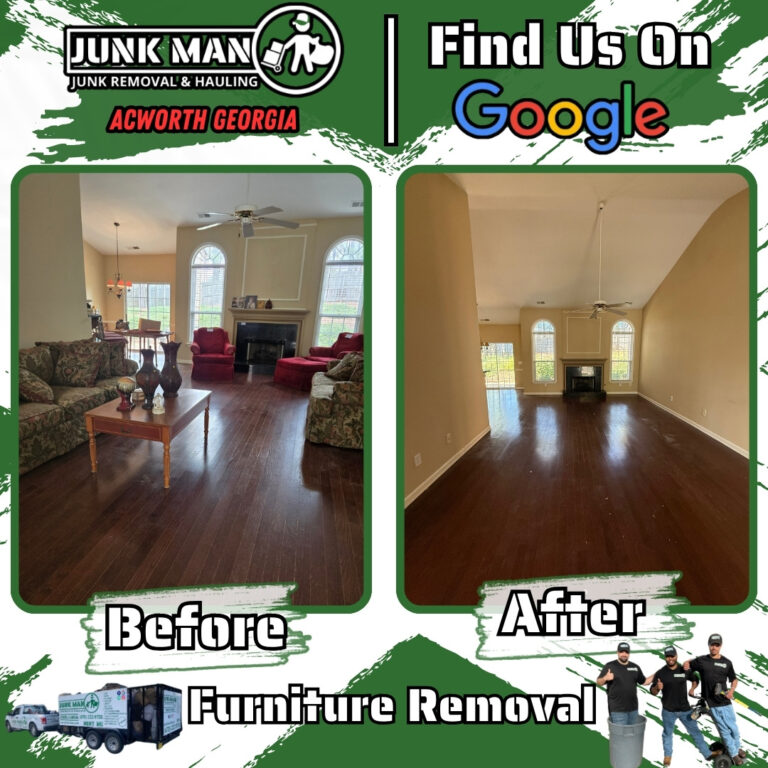 Furniture removal services in Acworth GA by Junkman junk removal and hauling showing before and after residential junk removal and home clean out service
