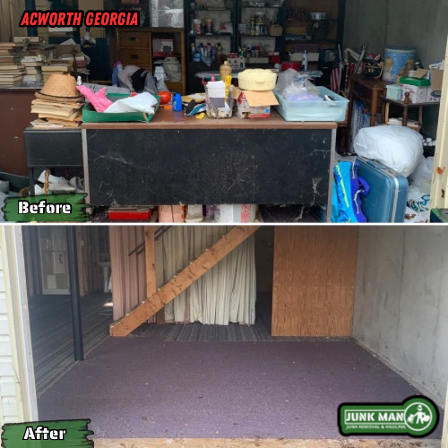 Junk Man junk removal and hauling providing hoarder junk removal property clean outs debris hauling and demolition services in Acworth GA with before and after results