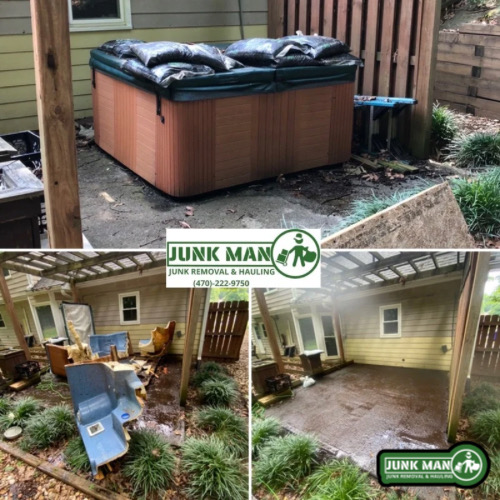 Hot Tub demolition project in Kennesaw GA with junk Man crew cutting and preparing spa for junk removal hauling