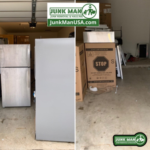 Appliance removal in Kennesaw GA before and after showing refrigerator haul away and complete appliance clean out service.