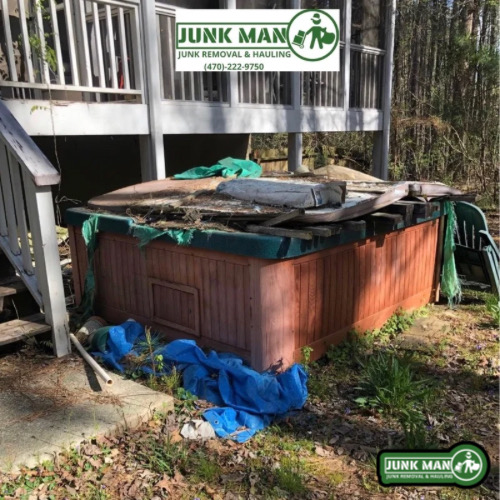 Before and after hot tub removal in Kennesaw GA showing backyard cleanup by junk man junk removal and hauling